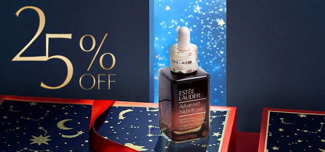 Estée Lauder Advanced Night Repair serum displayed in a red and navy-blue scene with a starry background