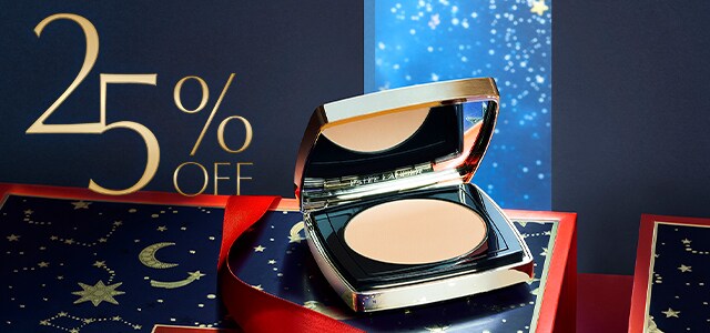 Estée Lauder Double Wear Stay In Place powder foundation displayed in a red and navy-blue scene with a starry background
