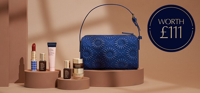 Estée Lauder Mother's Day gift, showing 4 deluxe products with a blue bag